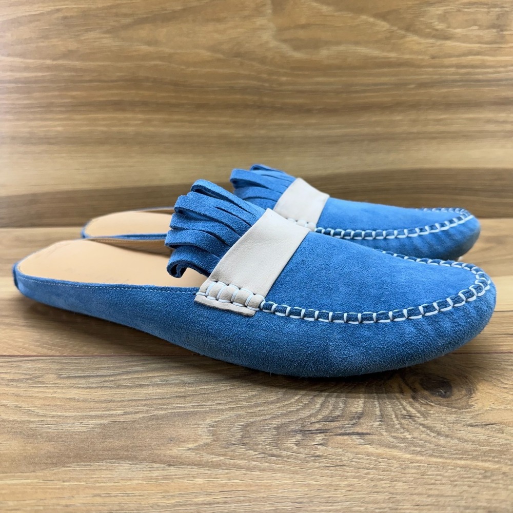 M GEMI Feliz Fringe Mules 11 EU 42 Blue Suede Moc Toe Modern Old Money